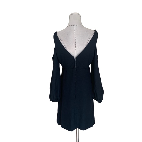 Vintage 60s Black Crepe Dress Cold Shoulder Bishop Sleeve Rhinestone Buttons - Picture 7 of 16